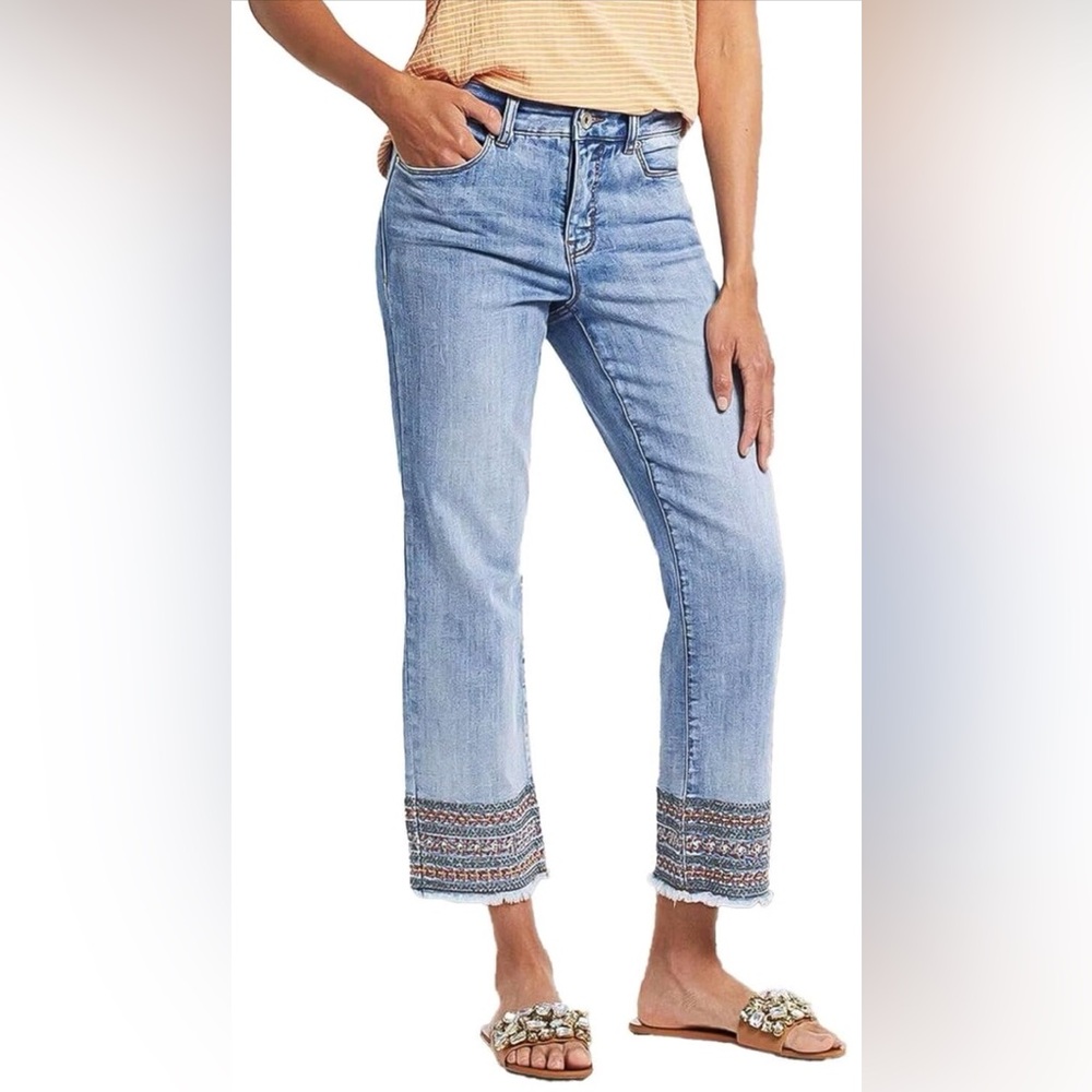 Flamingals Straight Leg Jeans Low Rise Cropped Wash Embroidery Raw Hem Denim